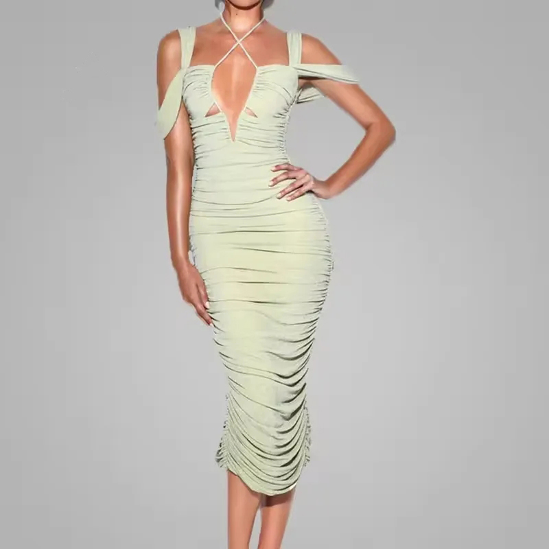 2025 Novos Vestidos Casuais Femininos Elegantes com Decote em V Profundo, Cintura Baixa, Envolventes e Justos, Roupas Sexy para Festa à Noite em Clube