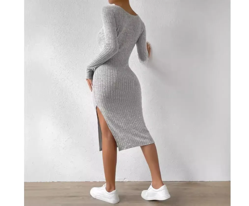 Americano Europeu Popular 2025spring Verão Novo Vestido Longo de Malha com Fenda de Manga Comprida e Gola Redonda Estilo Casual Justo Feminino