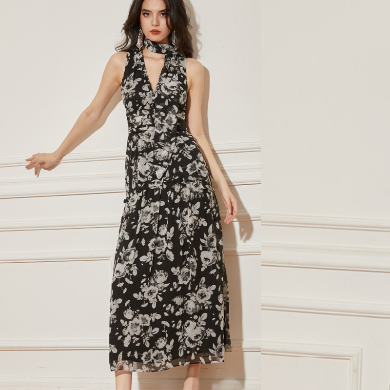 Último Vestido Longo Casual Vintage para Mulheres, Vestido Maxi de Chiffon Floral Estampado para Praia Boho