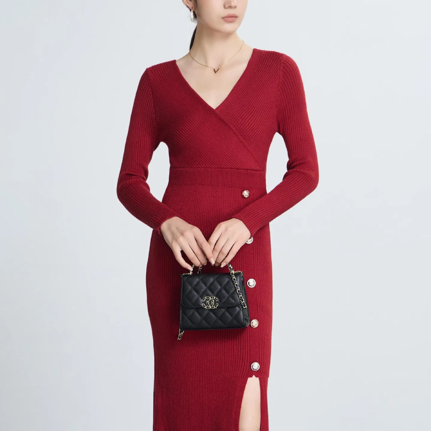 2025 Vestido de Malha Casual Feminino Midi com Cintura Alta, Decote em V, Efeito Emagrecido, Sólido, com Botão, Novo para o Outono Inverno