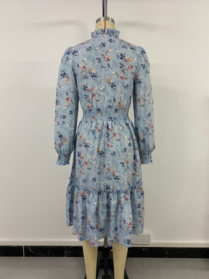 Vestido Floral Impresso de Manga Longa para Mulheres, Casual, Chic, Primavera e Outono, Roupas em Cores Múltiplas, Atacado