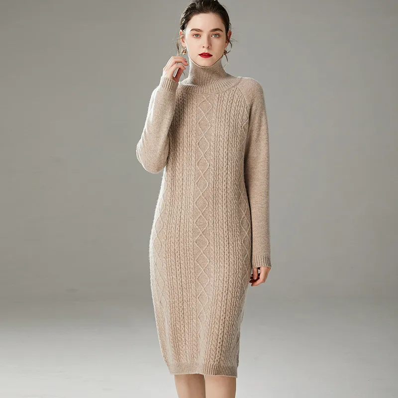 Vestido de malha de gola alta de manga longa em cor sólida casual de inverno