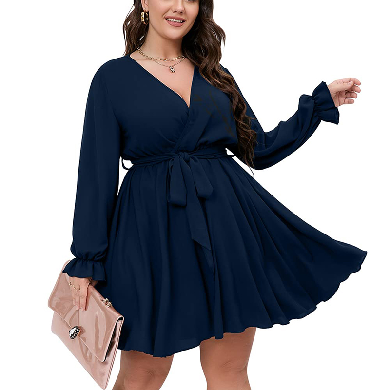 Vestido Mini Curto A Linha com Decote em V para Mulheres, Vestido Casual Diário Elegante de Manga Longa para Primavera Verão por Atacado