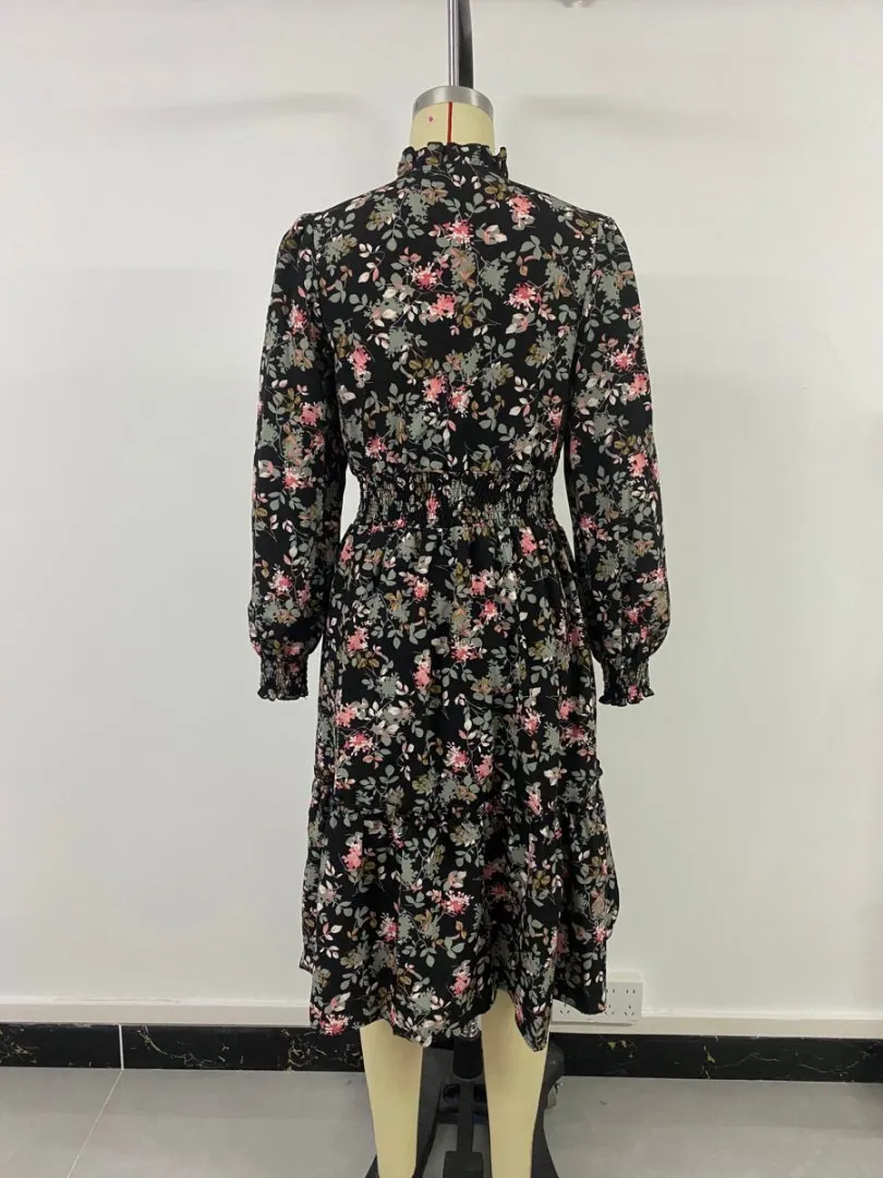 Vestido Floral Impresso de Manga Longa para Mulheres