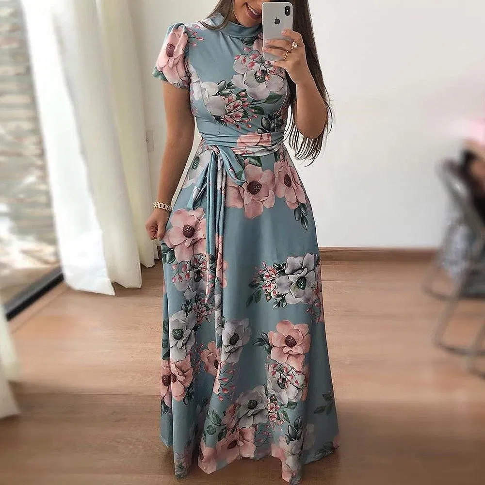 Fabricante de Roupas OEM Conjunto de Saia Longa Casual Feminina de Verão Estampada Floral Boho Vestido Maxi de Gola Alta Bandagem Vestidos Elegantes