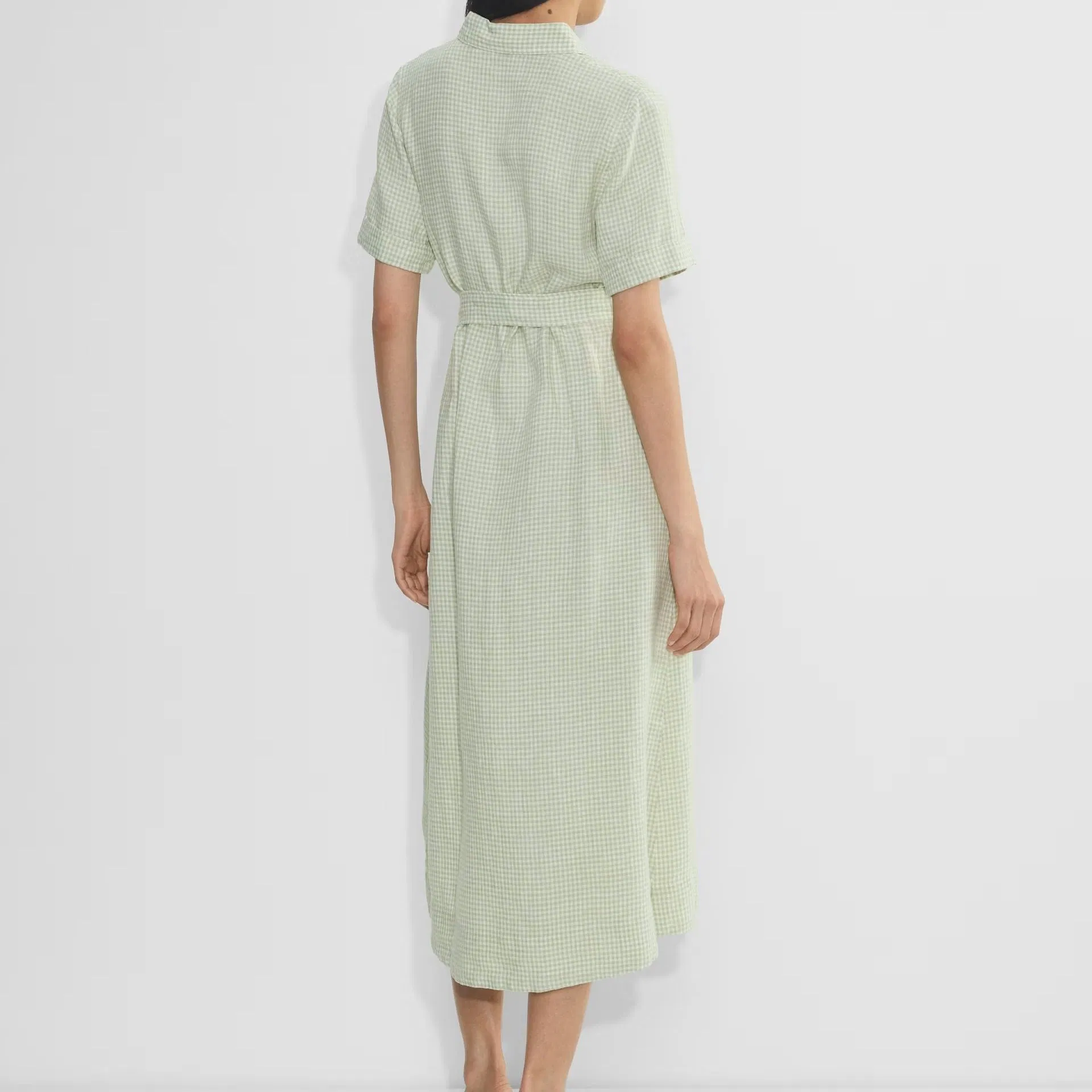 Vestido Casual Longo de Manga Curta com Cintura em Padrão de Cheque Verde Claro para Mulheres de Verão
