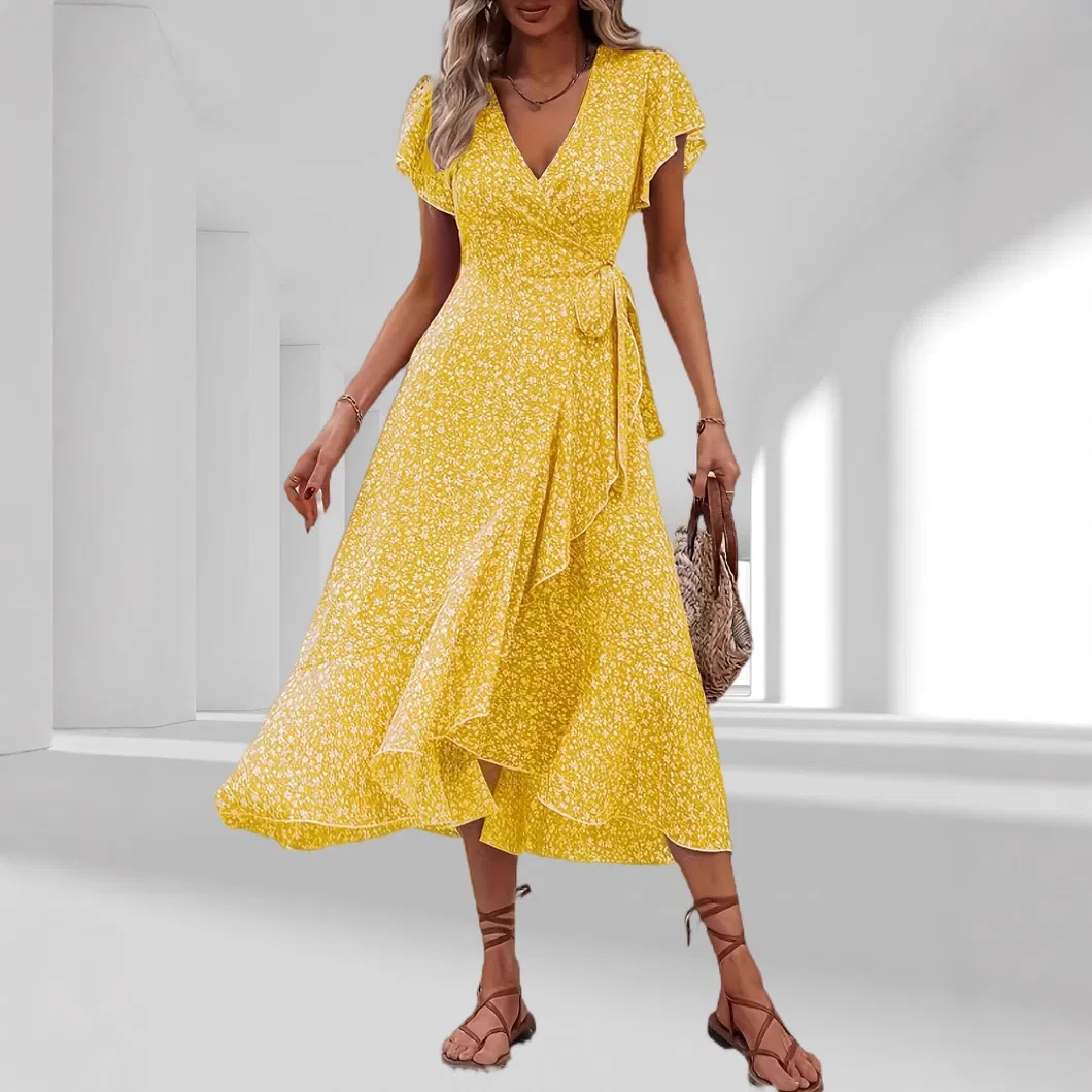 Saia de Flor, Manga Curta, Saia Longa, Vestido Casual, Moda Solta Floral, Verão Feminino, Estilo Gentil, Atacado