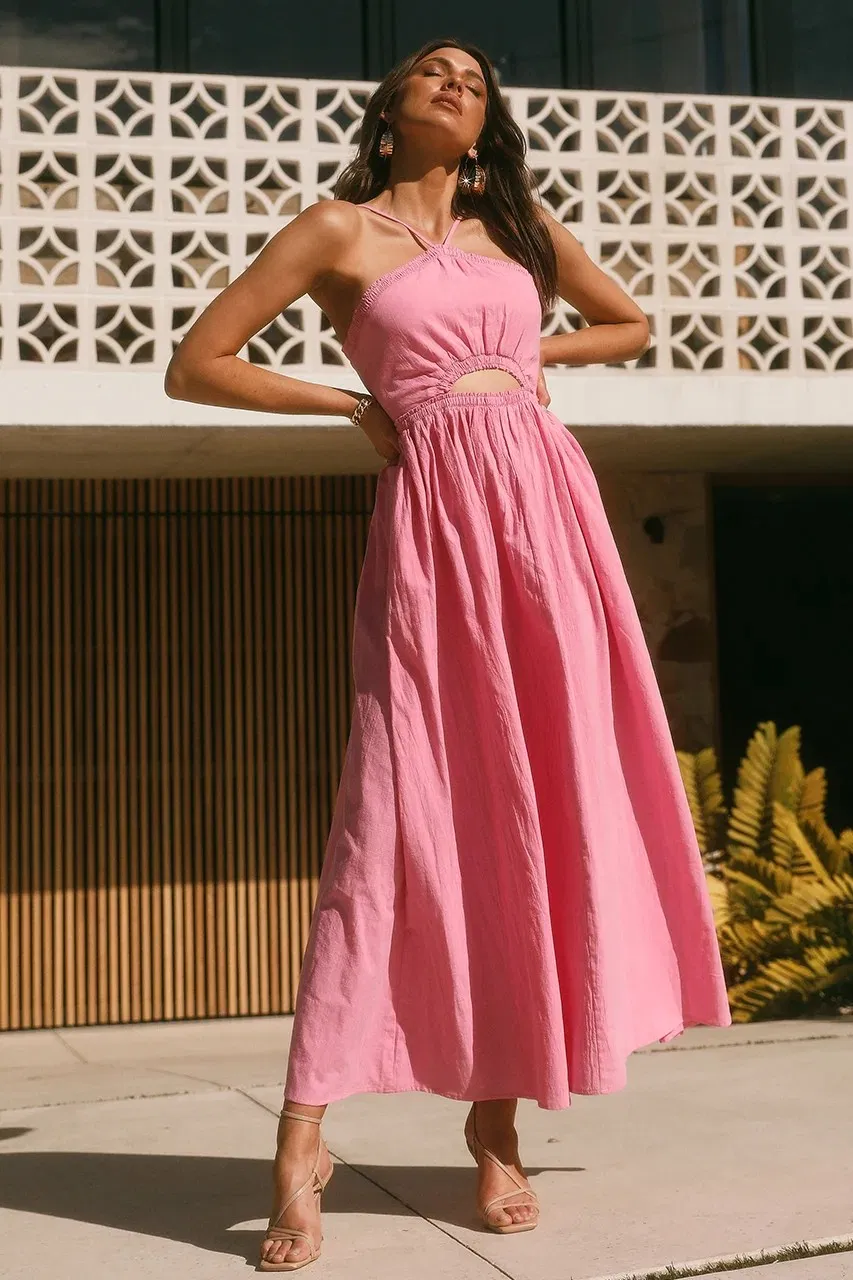 100% Vestido Casual Maxi de Comprimento de Joelho com Alças de Espaguete Ajustáveis, Decote Halter, Recorte na Cintura, Franzido no Bust, e Bolsos Laterais