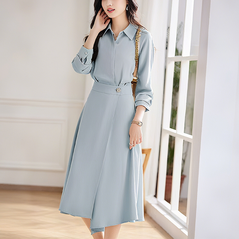 Camisa de Negócios Casual de Manga Longa Elegante com Design de Vestido em A-Line