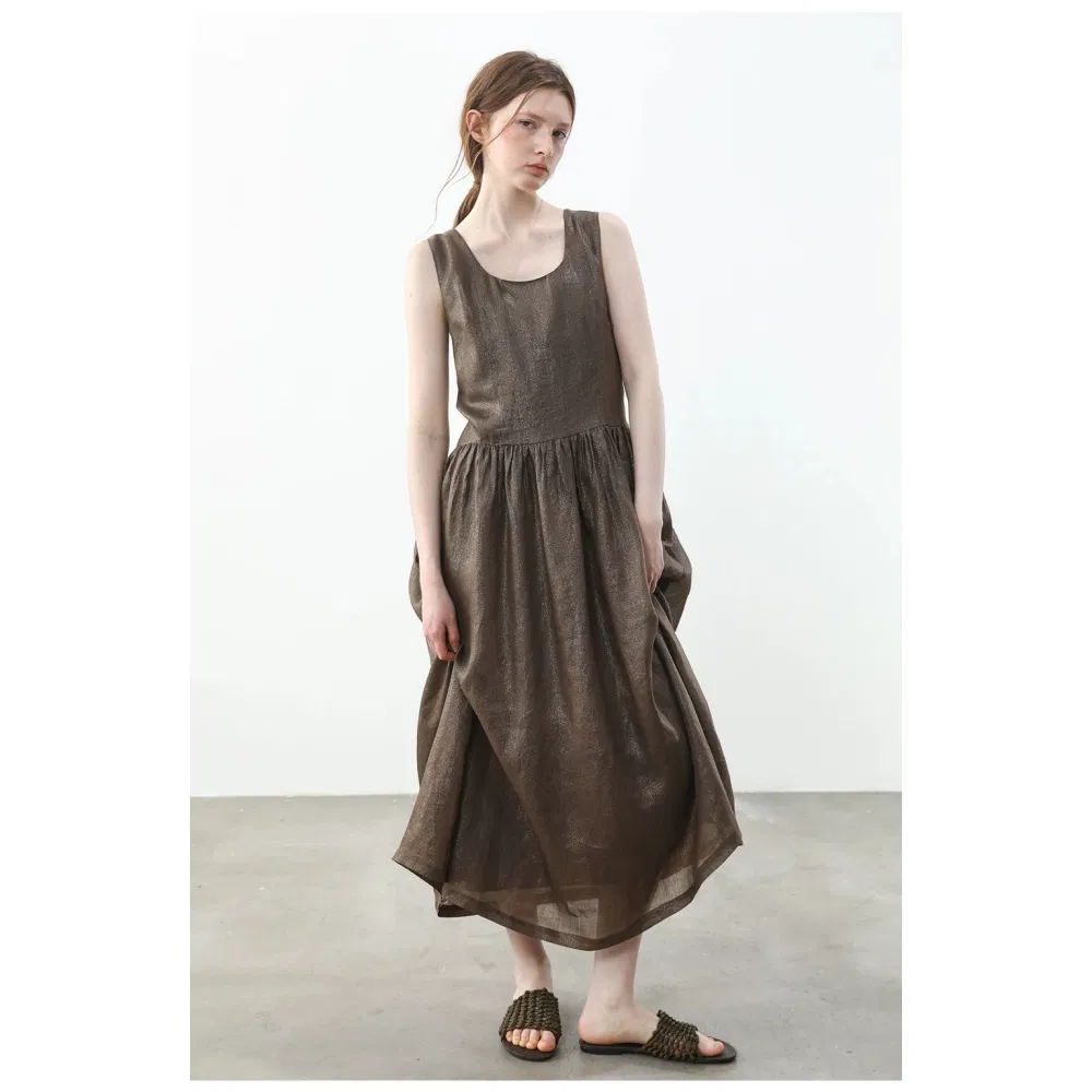 Vestido Maxi Sem Mangas de Linho com Glitter Dourado Personalizado OEM da China, Decote Quadrado Francês, Corte A, Casual para Trabalho no Escritório, Atacado de Verão para Mulheres