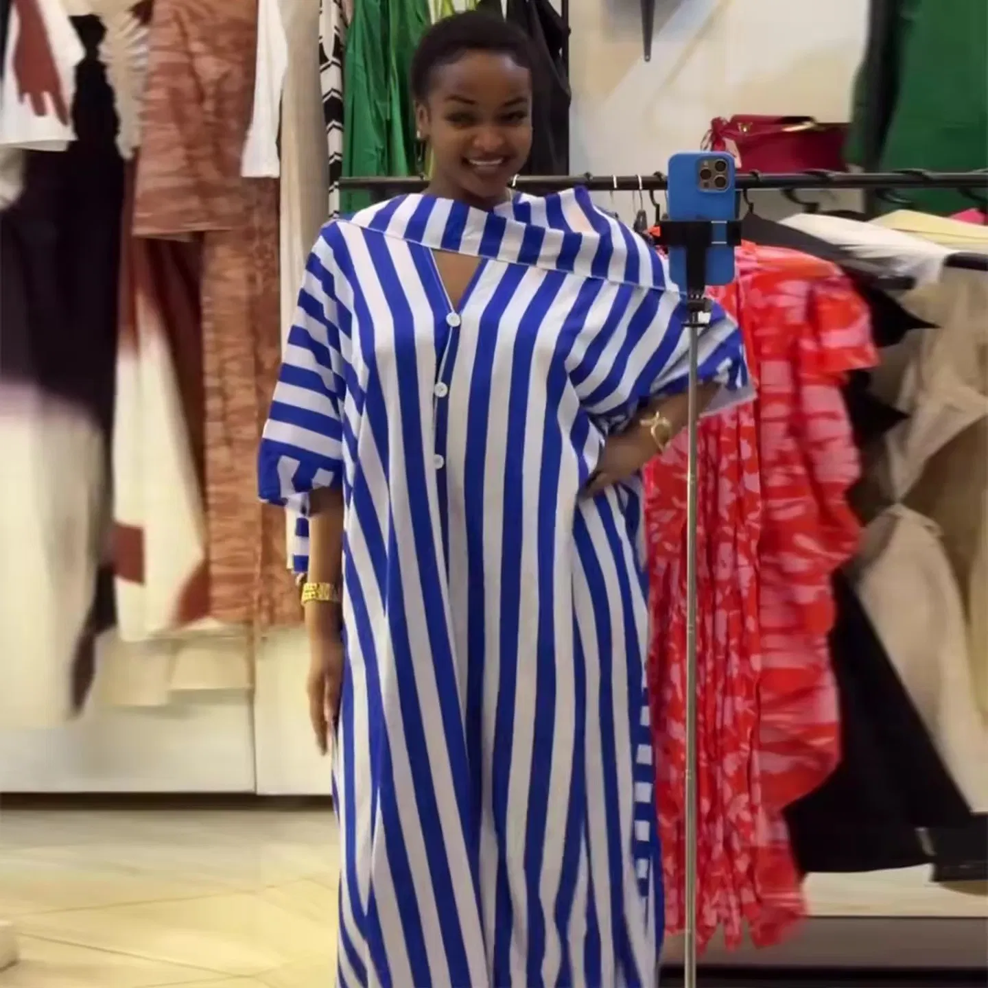 Vestido Casual Listrado Solto de Mulheres Africanas da Primavera