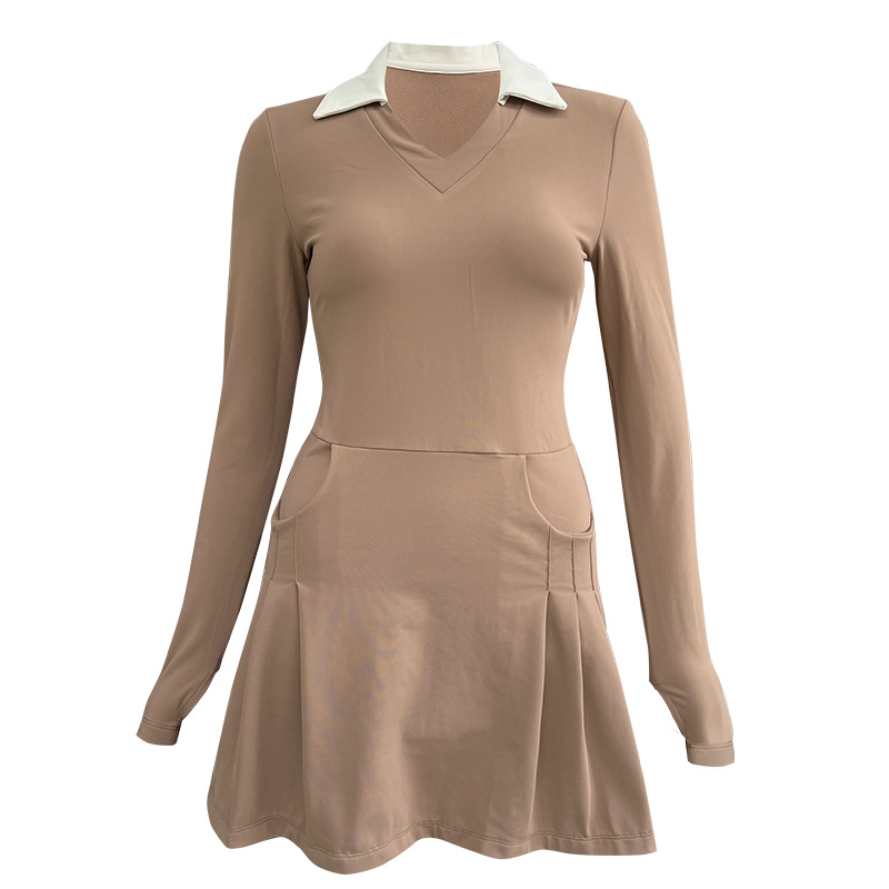 Saia de tênis de manga longa para outono e inverno, roupa de golfe feminina casual com bolso, vestido de tênis