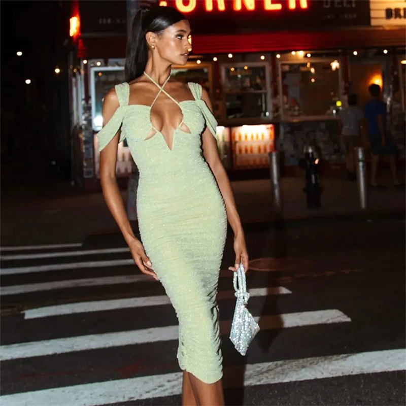 2025 Novos Vestidos Casuais Femininos Elegantes com Decote em V Profundo, Cintura Baixa, Envolventes e Justos, Roupas Sexy para Festa à Noite em Clube