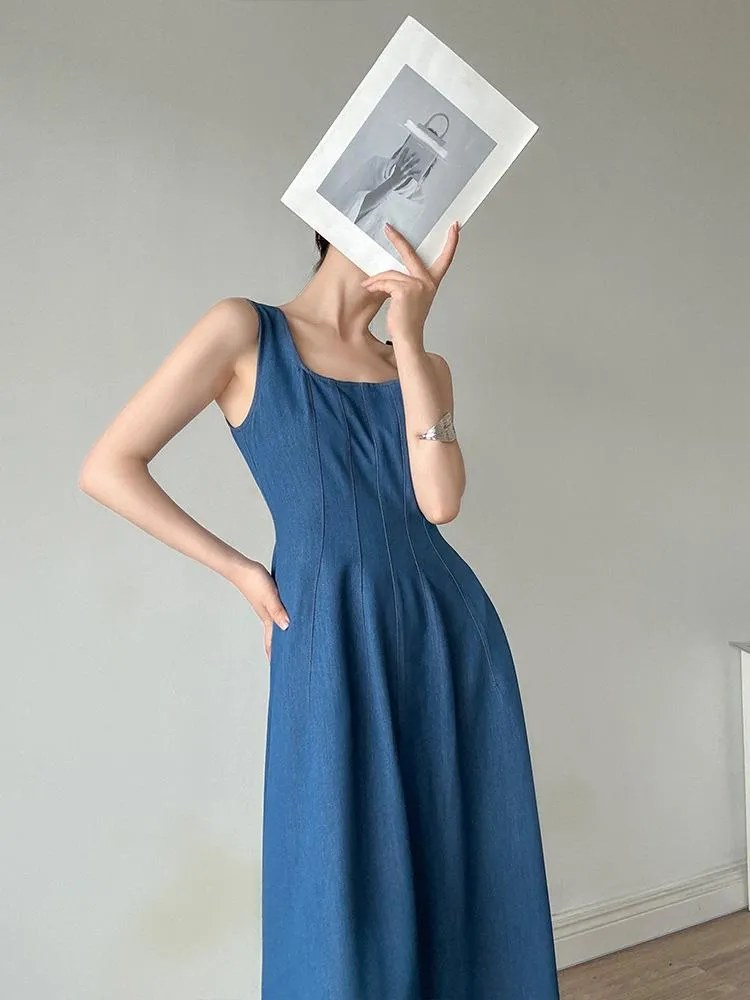 Vestido Maxi Azul com Decote Quadrado Elegante para Mulheres