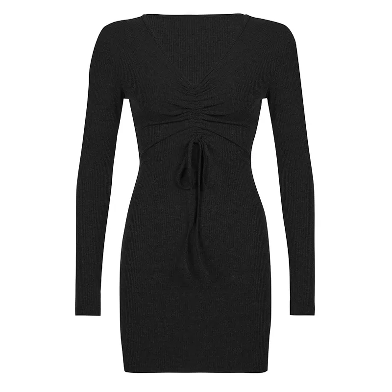 Vestido Justo de Malha com Mangas Longas e Cordão para Mulheres Casual