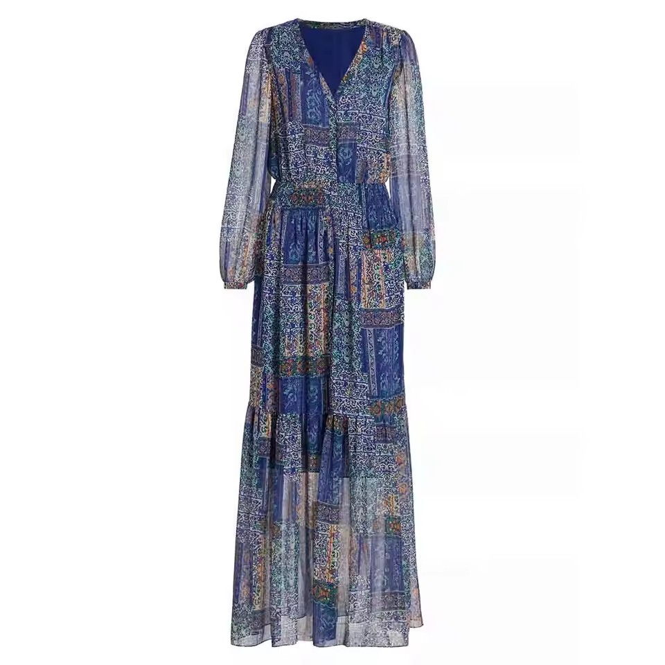 Fabricante Vestido Maxi V-Neck Casual Boho Vintage com Botão Frontal e Cintura Elástica Estampado para Mulheres Retro Chic
