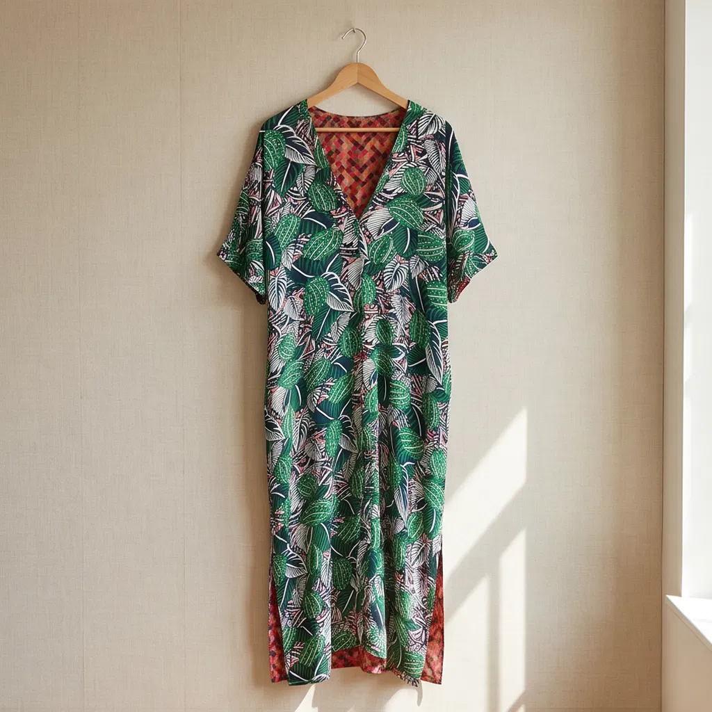 Vestido Midi Casual de Manga Curta com Decote em V Feminino Estampa de Folhas de Cacto Tropical para Férias
