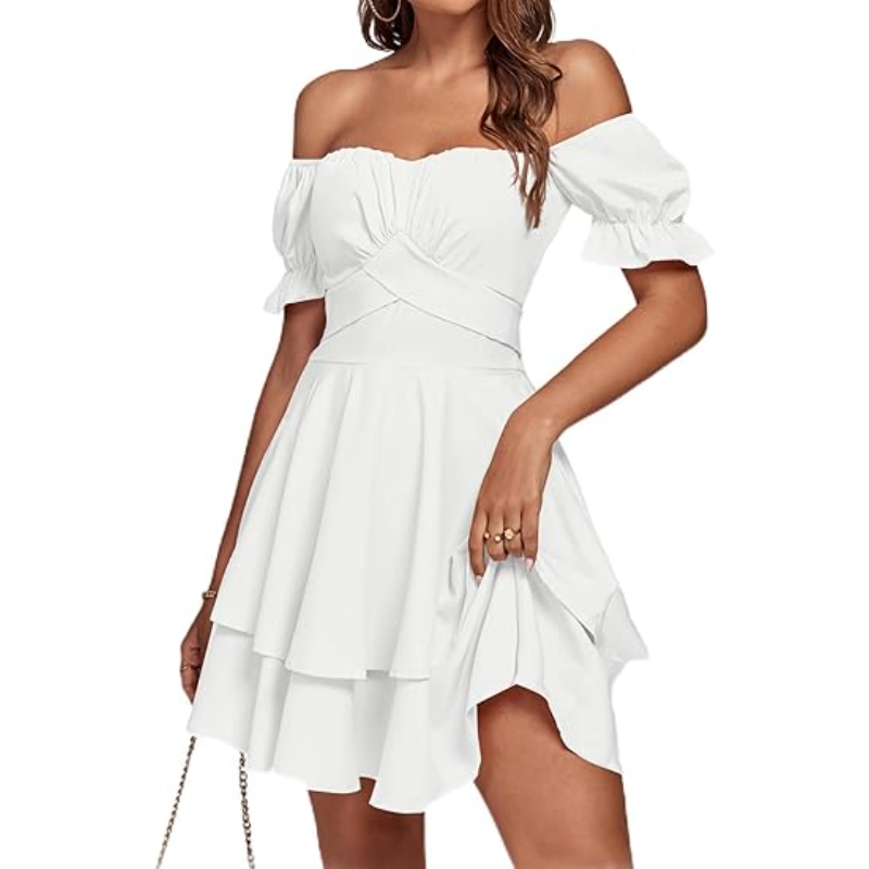 Vestido casual de manga curta em camadas, plissado, estilo envolvente, com amarração nas costas e ombros à mostra