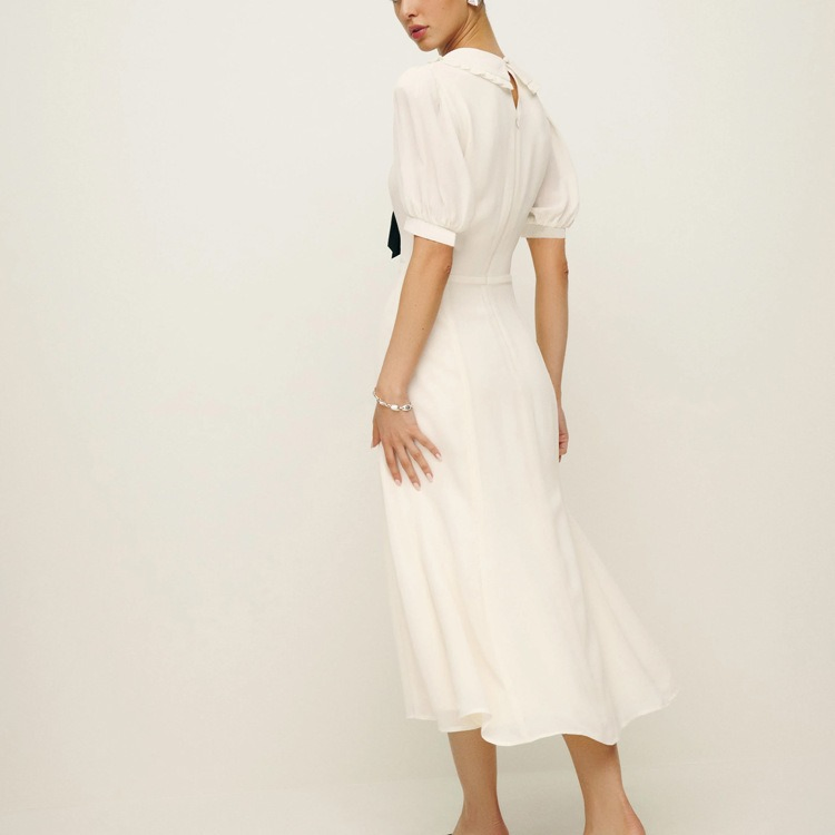 Vestido midi longo casual elegante de verão com gola Peter Pan, cintura alta, ajuste slim e mangas curtas brancas