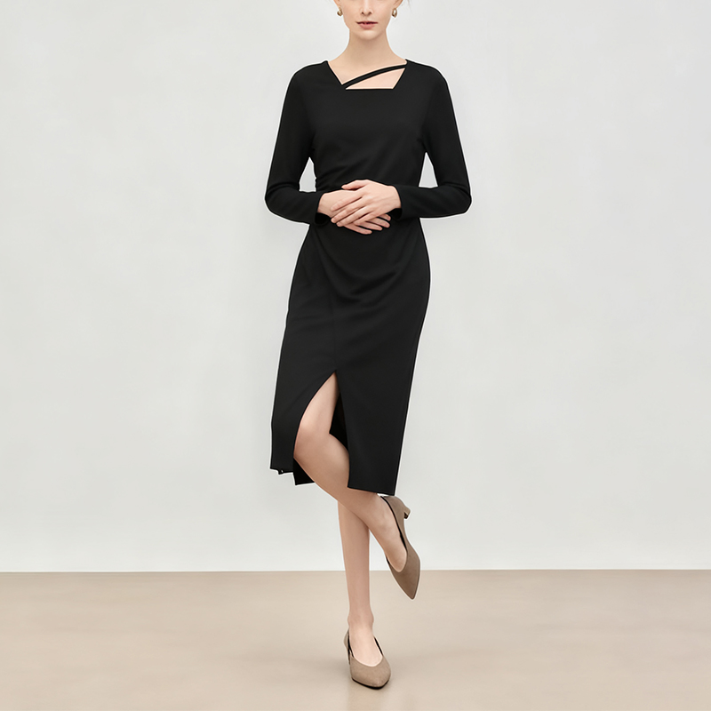 Novo Versátil, Confortável e Fashionável Vestido Casual Longo de Manga Longa com Gola Média e Decote Quadrado em A