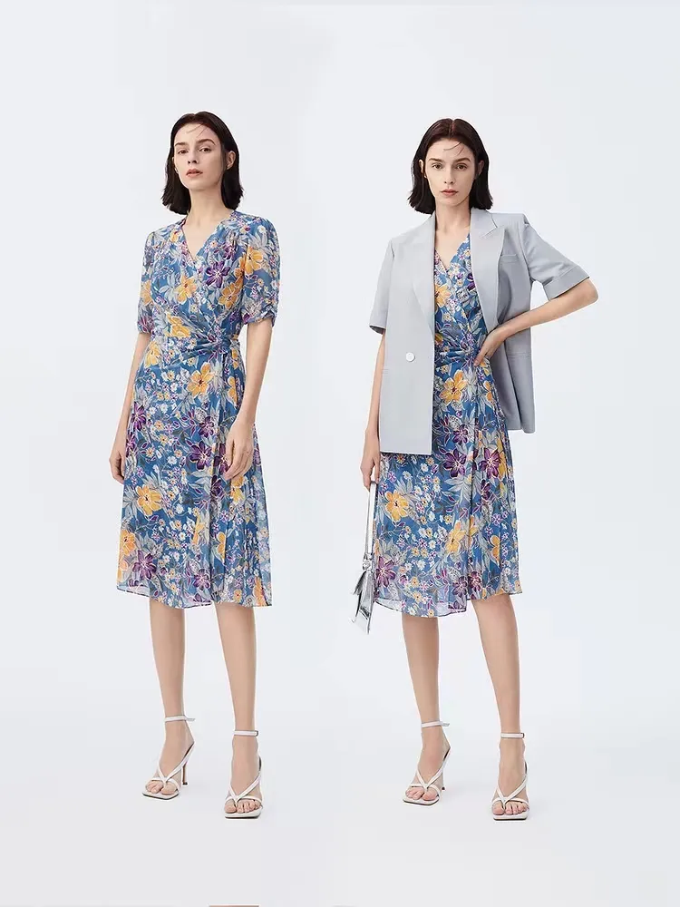 Vestidos de Verão de Moda Atacado para Mulheres, Vestidos de Praia Boho de Seda, Roupas de Festa Casuais com Decote em V, Vestido de Festa