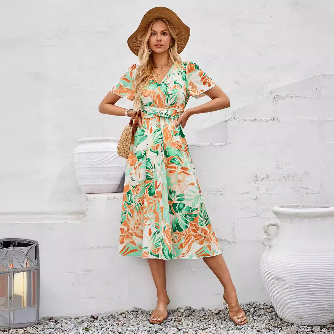 Vestido V-de-Corte de Manga Curta Estampado Casual de Verão para Mulheres, Estilo Fresco
