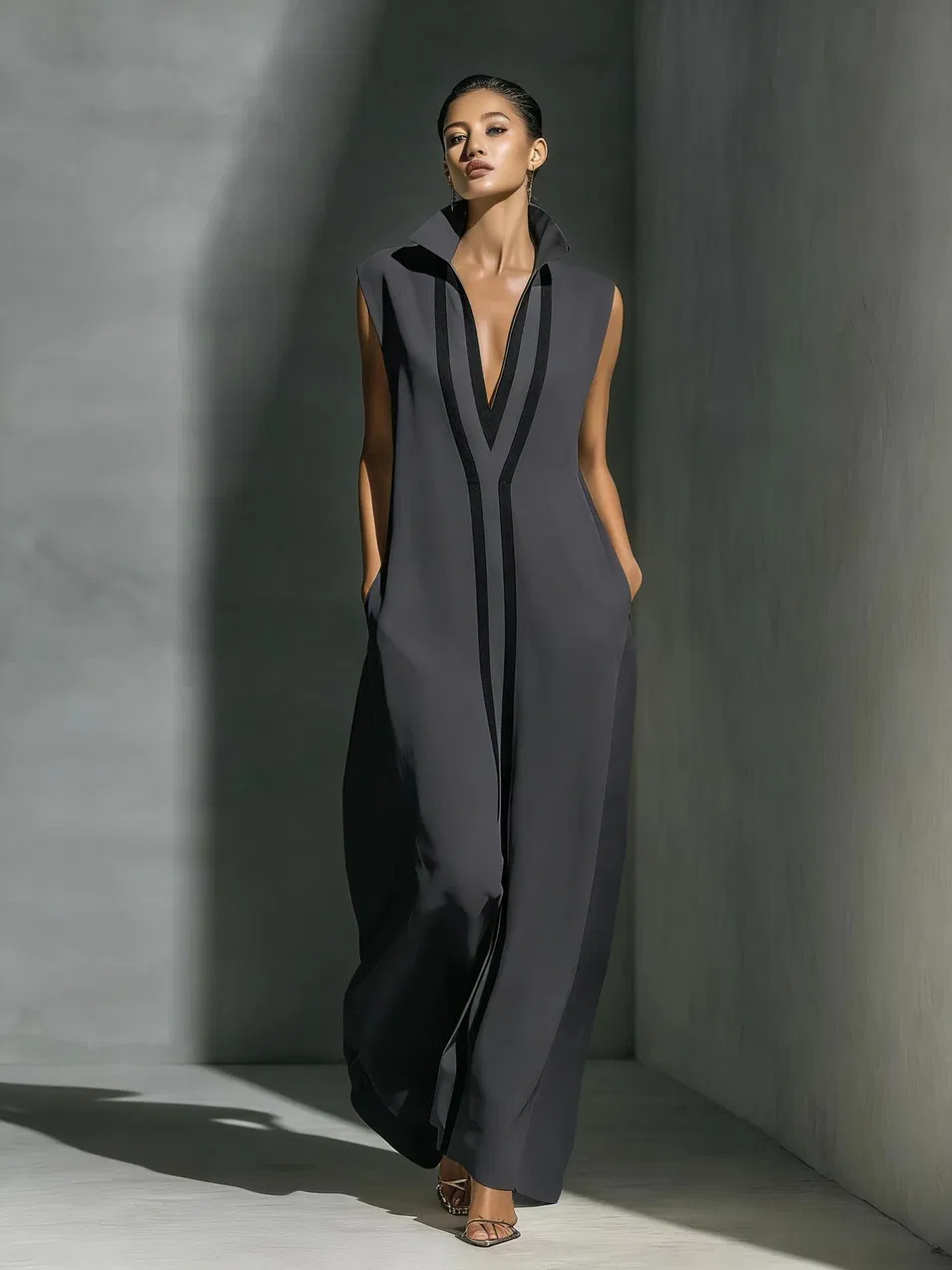 Sexy V-Neck Color Block Casual Maxi Dress