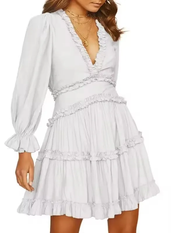 Vestido Casual de Manga Longa em V A-Line Boêmio para o Verão com Saia Curta