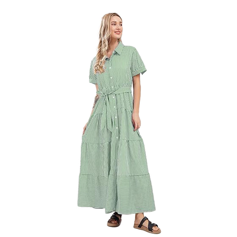 Vestido Blusa Listrada de Manga Longa com Botões na Cintura e Renda para Mulheres