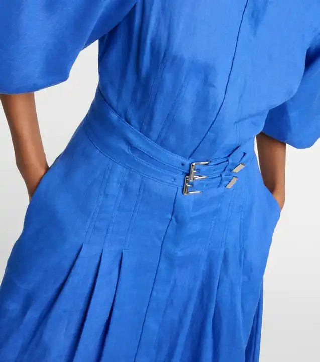 Venda por atacado de vestido casual de outono com mangas bufantes, botão frontal, cinto e pregas, vestido em mistura de algodão e linho, roupas femininas