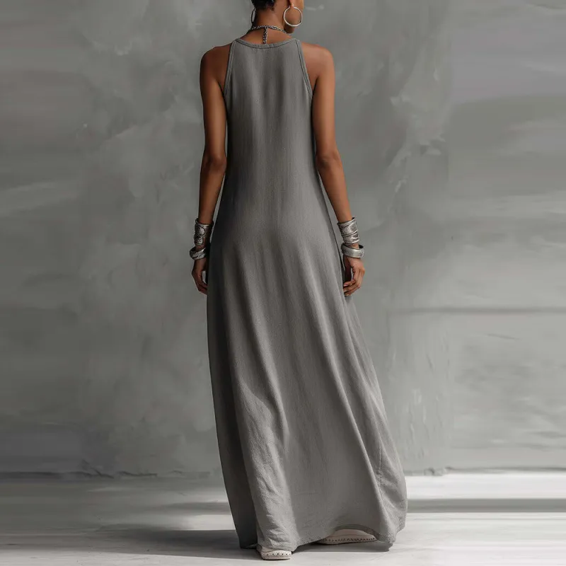 Vestido Casual Solto Sem Mangas para Mulheres com Bolsos