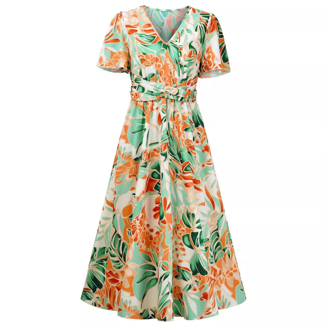 Vestido V-de-Corte de Manga Curta Estampado Casual de Verão para Mulheres, Estilo Fresco
