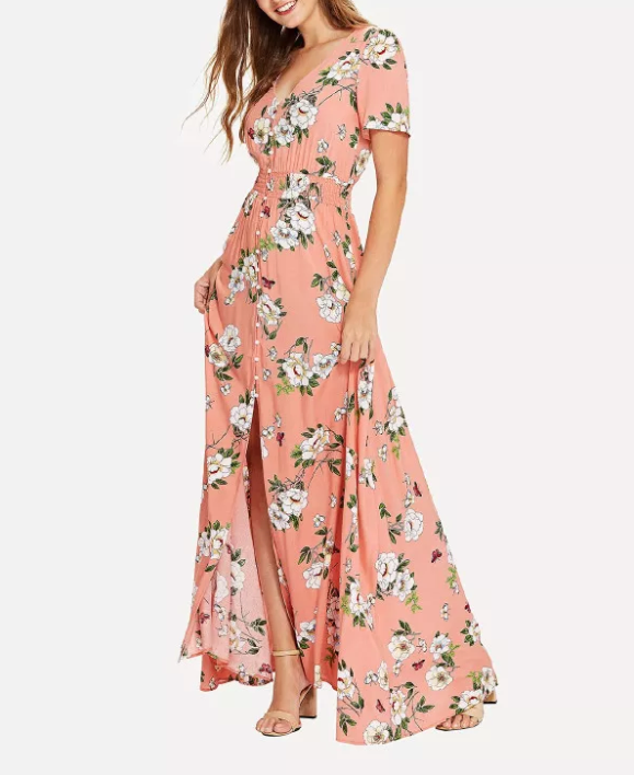 Vestido Maxi de Praia Elegante Urbano com Botões Florais Casuais para Mulher