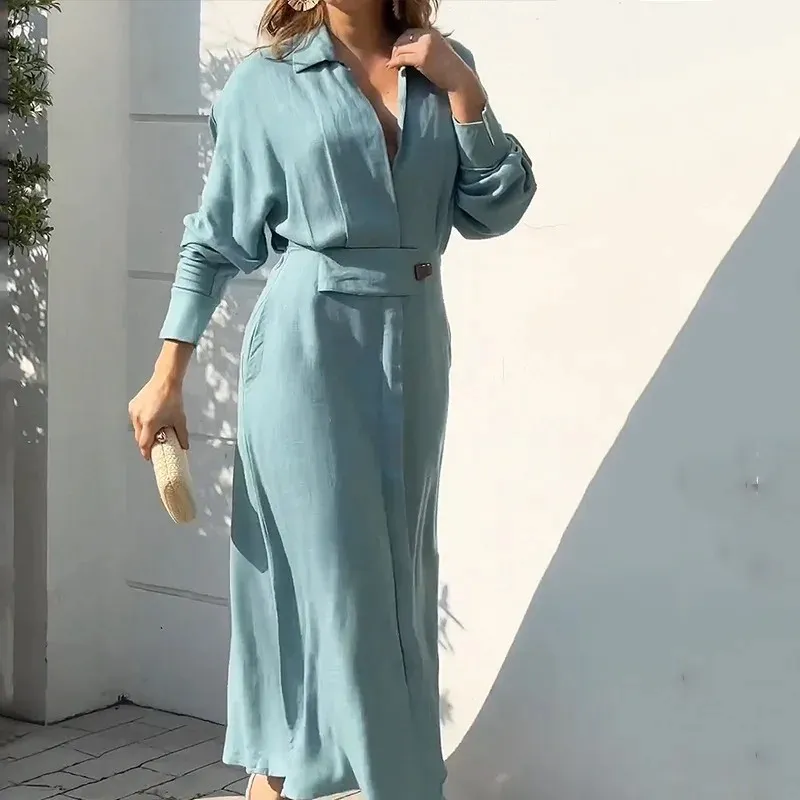 Vestido Feminino Elegante Manga Longa Lazer Cor Sólida Decote em V Sexy