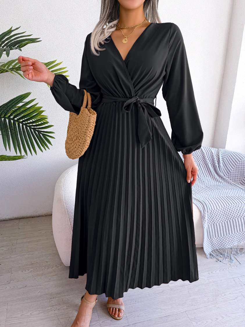 Novo Vestido Feminino de Manga Longa com Decote em V, com Cinto Amarrado e Plissado em Cor Sólida para Roupas Casuais Elegantes, Mercado de Moda da Europa, França e Itália