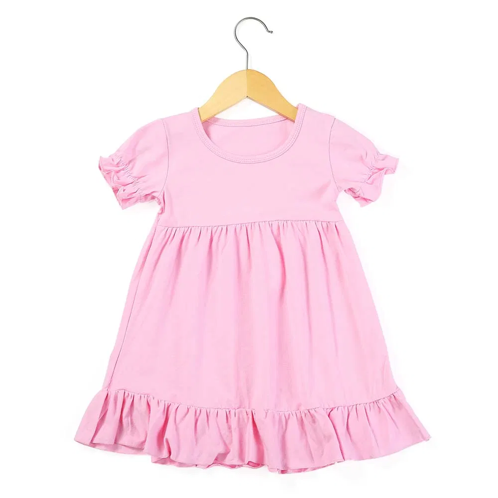Vestido Casual de Verão Infantil de Manga Curta em Algodão Puro com Renda em Cores Sólidas