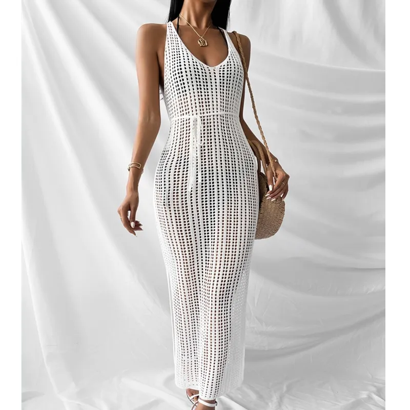 Vestido de Praia Tricotado Longo Ocasional Solto para Mulheres com Recortes Hollow-out de Verão