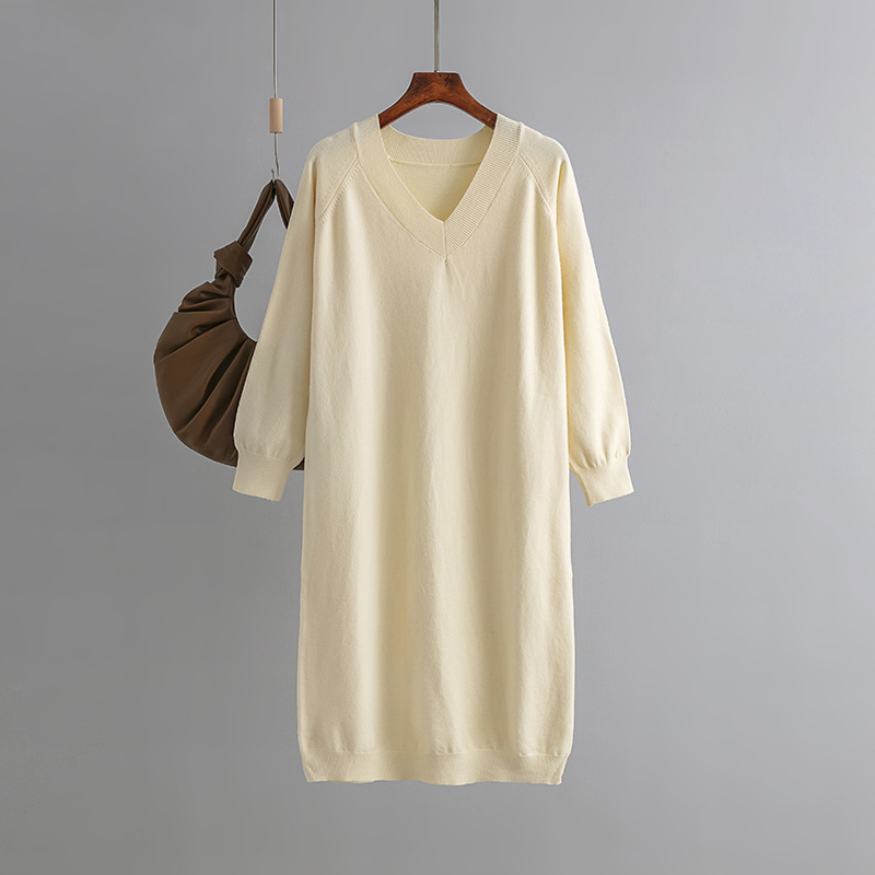 Vestido de malha solto de tamanho grande com decote em V casual para mulheres, outono e inverno