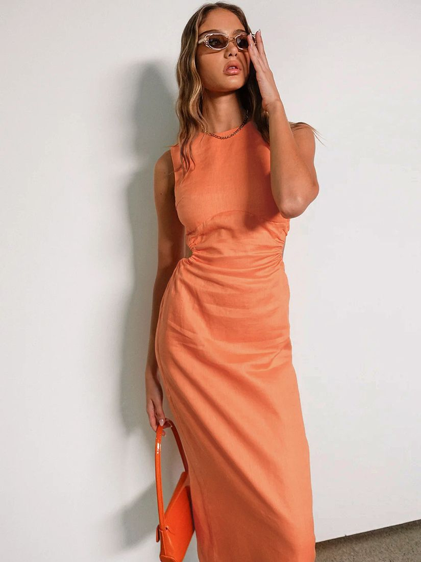 Vestido Midi Justo Sem Mangas com Alças para Mulheres, Costura Franzida, Costas Cortadas, Elegante, Casual, para Férias, Vestido Longo de Verão