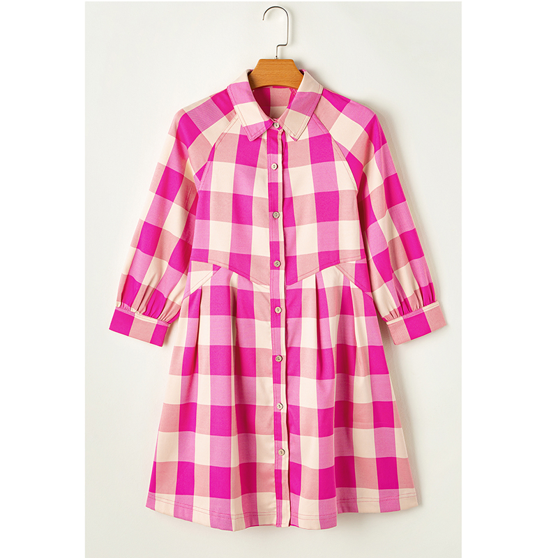 Caro Amante Moda Atacado Camisa de Manga Bracelete com Gola Xadrez Vestidos Mini Flare para Mulheres Casual