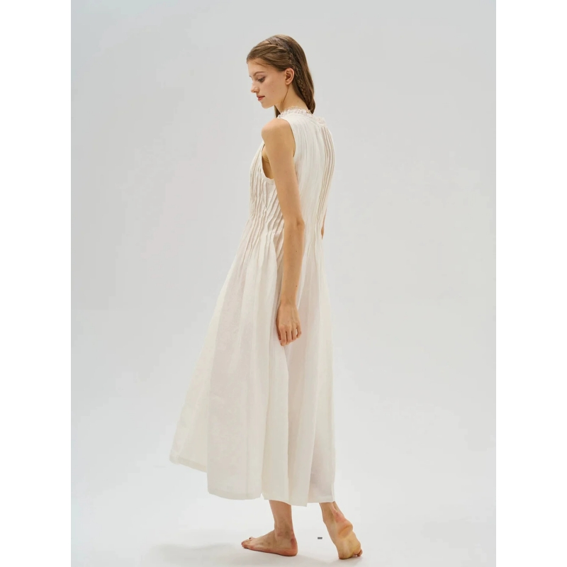 Vestido Feminino Atacado Personalizado Linho Branco Vestido Feminino Vestido Luxuoso Estilo Casual Cintura Ajustável Decote em V Laço Resort Maxi Vestido Fornecimento Direto de Exportação