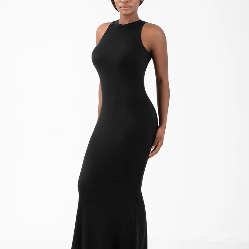 Vestido Maxi Casual Sem Mangas em Malha Ribana para Mulheres