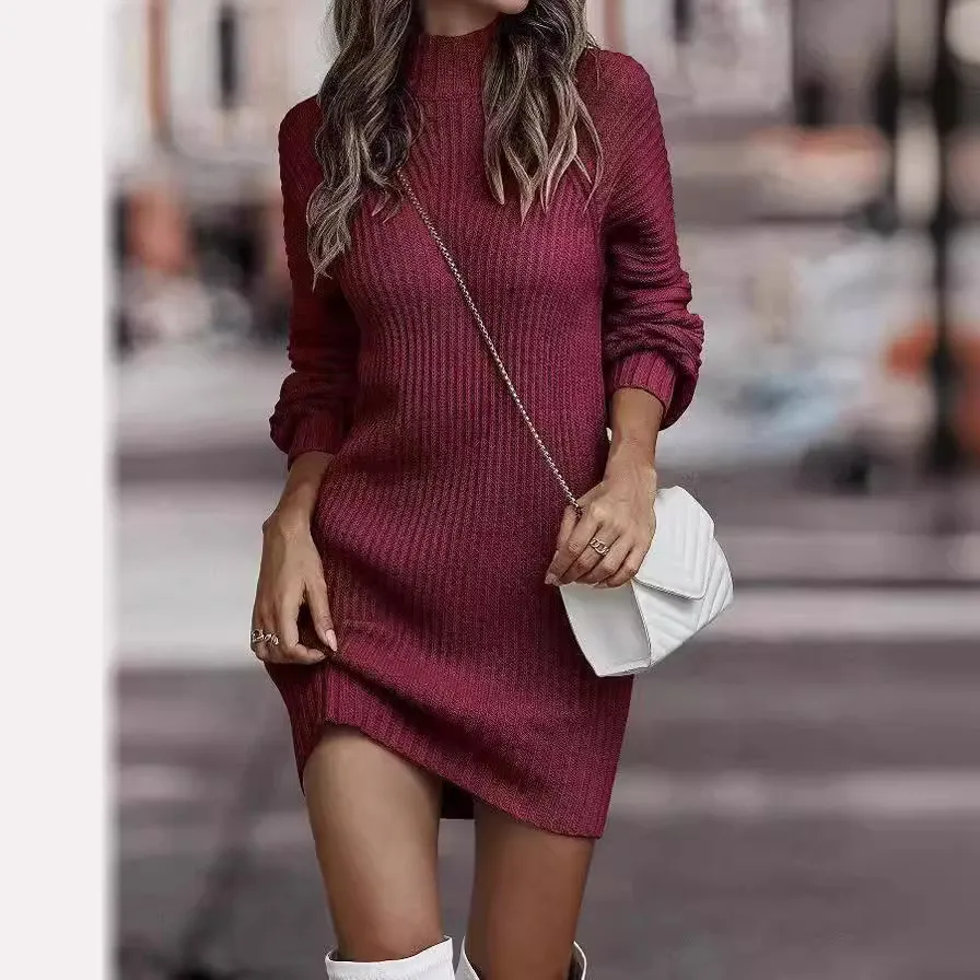 Vestido de malha de luxo de manga longa com gola alta para mulheres, casual, em várias cores, personalizado para outono e inverno