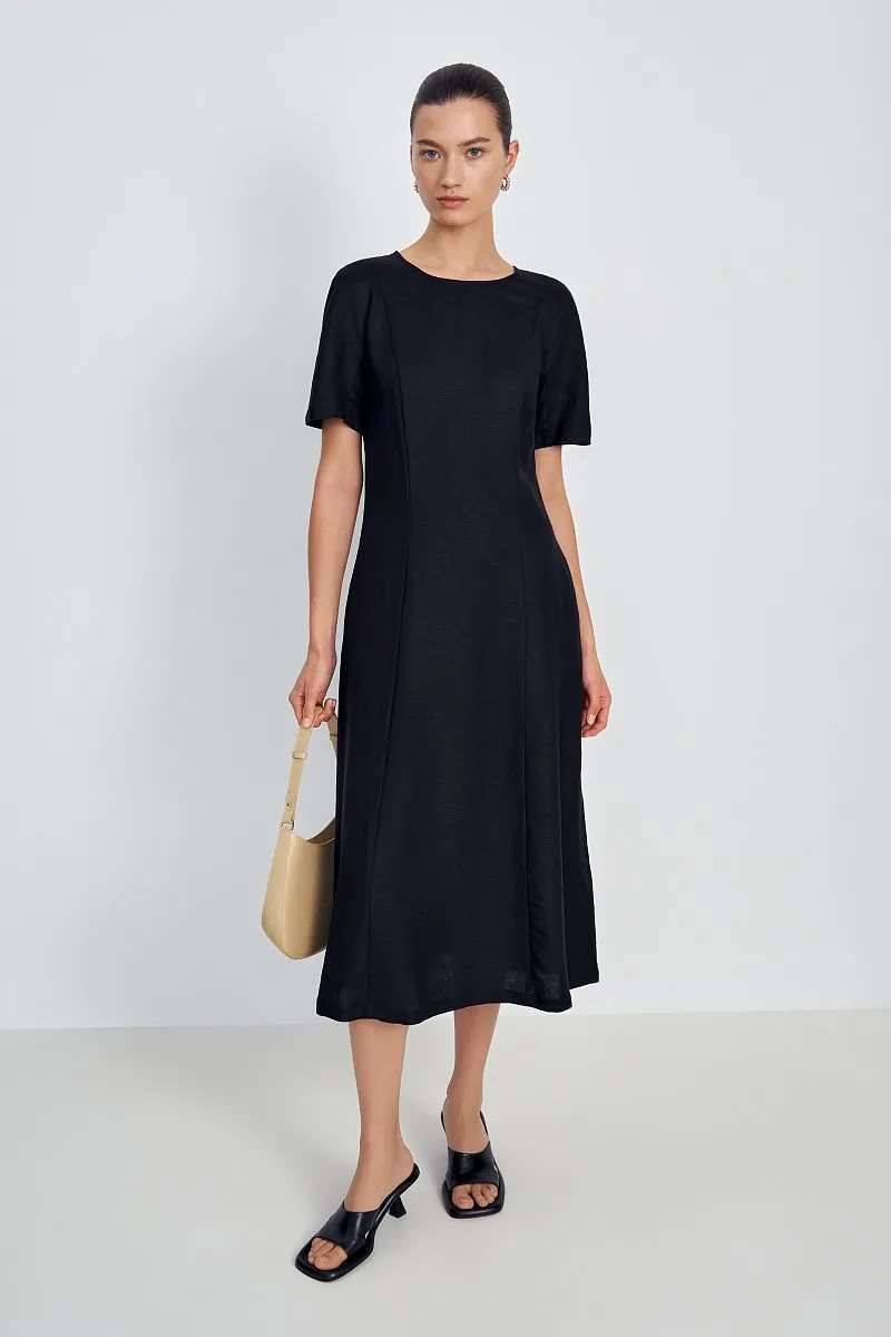 Vestido Casual de Linho Personalizado para Mulheres com Manga Curta e Decote Redondo