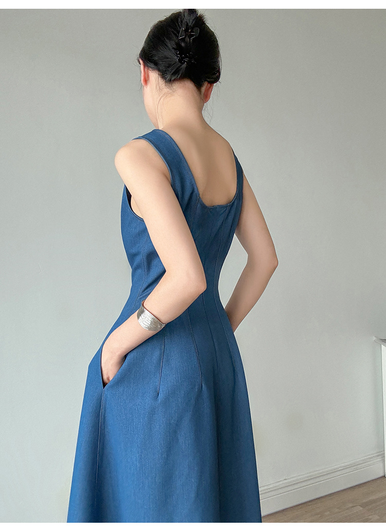 Vestido Maxi Azul com Decote Quadrado Elegante para Mulheres 2026 Verão, Vestido Longo Flare de Cintura Alta com Bolsos, Vestidos Casuais para Trabalho que Afinam para Praia Vacati