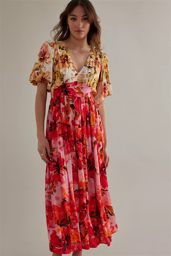 Vestido midi casual com mangas bufantes em contraste de cores, novo lançamento personalizado de fábrica