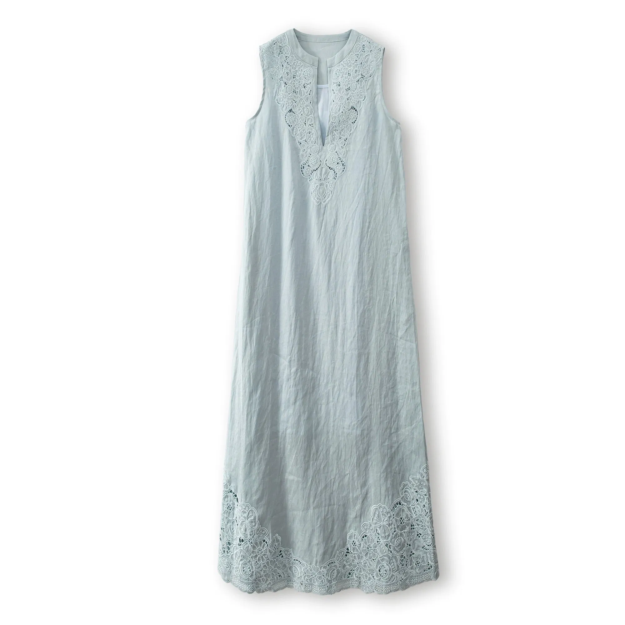 Vestido Casual Feminino Confortável em Linho Macio com Bordado Roupas por Atacado