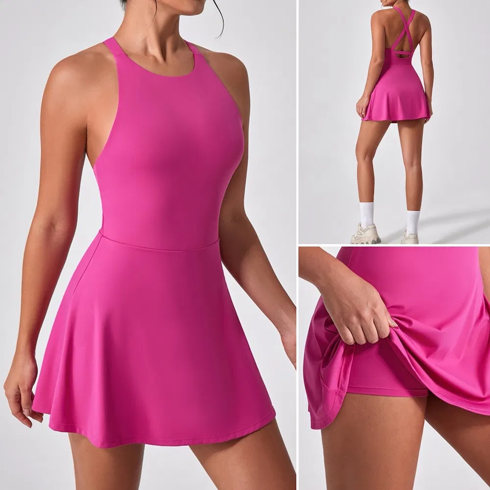 Vestidos de Tênis com Costas Cruzadas de Novo Design da Fábrica Tianchen com Shorts e Sutiã Embutidos, Vestido de Skort para Treino de Verão com Logo Personalizado, Roupas Atléticas para Golfe e Viagem