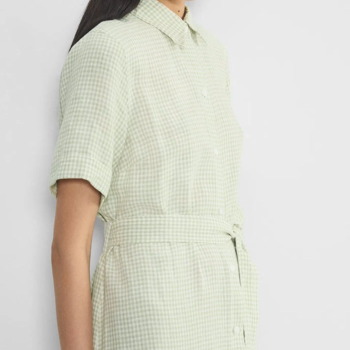 Vestido Casual Longo de Manga Curta com Cintura em Padrão de Cheque Verde Claro para Mulheres de Verão