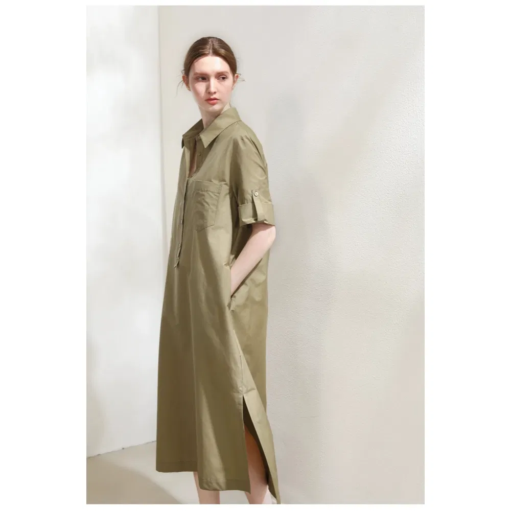 Vestido Camisa de Seda e Algodão com Gola Polo Casual com Mangas Curtas Estilo Simples para Trabalho Escritório MIDI Vestido Elegante Feminino Atacado Personalizado China